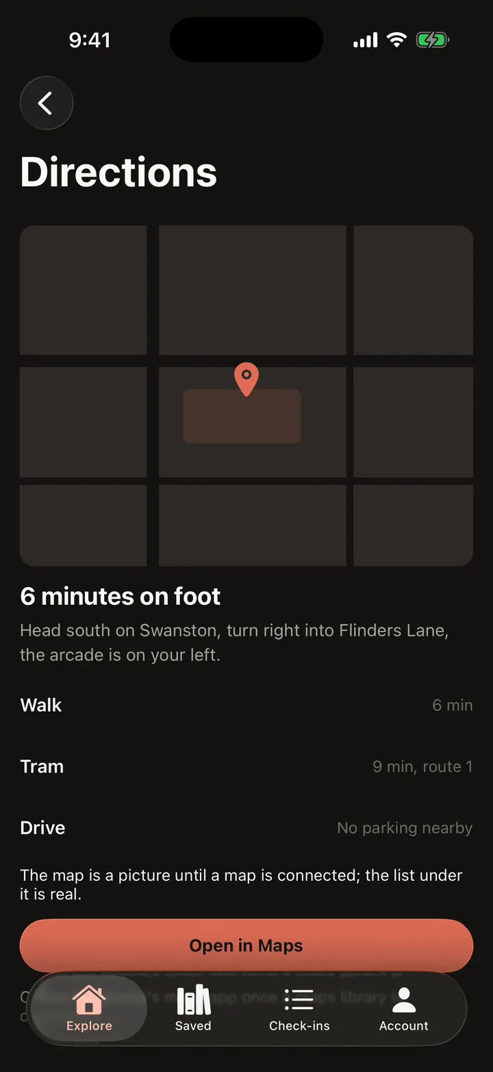 Laneways: Directions on iOS, dark