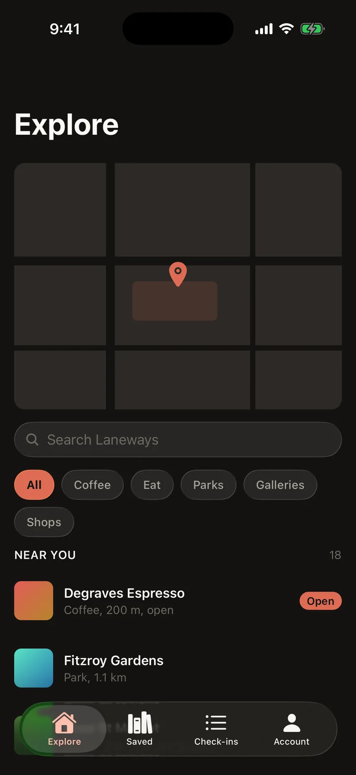 Laneways: Explore on iOS, dark