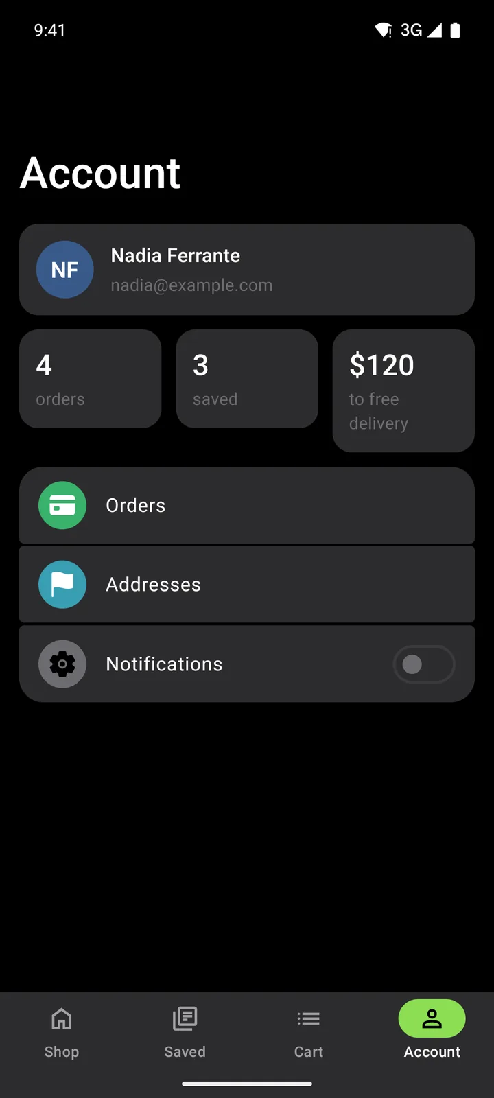Linen & Loam: Account on Android, dark