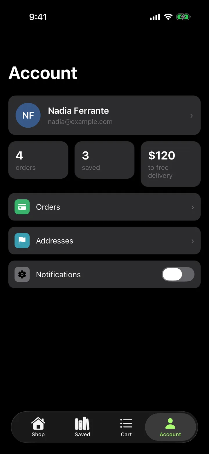 Linen & Loam: Account on iOS, dark
