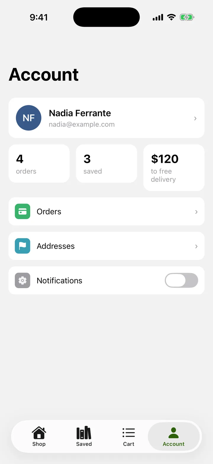 Linen & Loam: Account on iOS, light