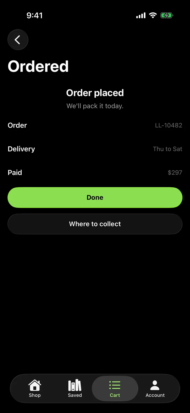 Linen & Loam: Ordered on iOS, dark