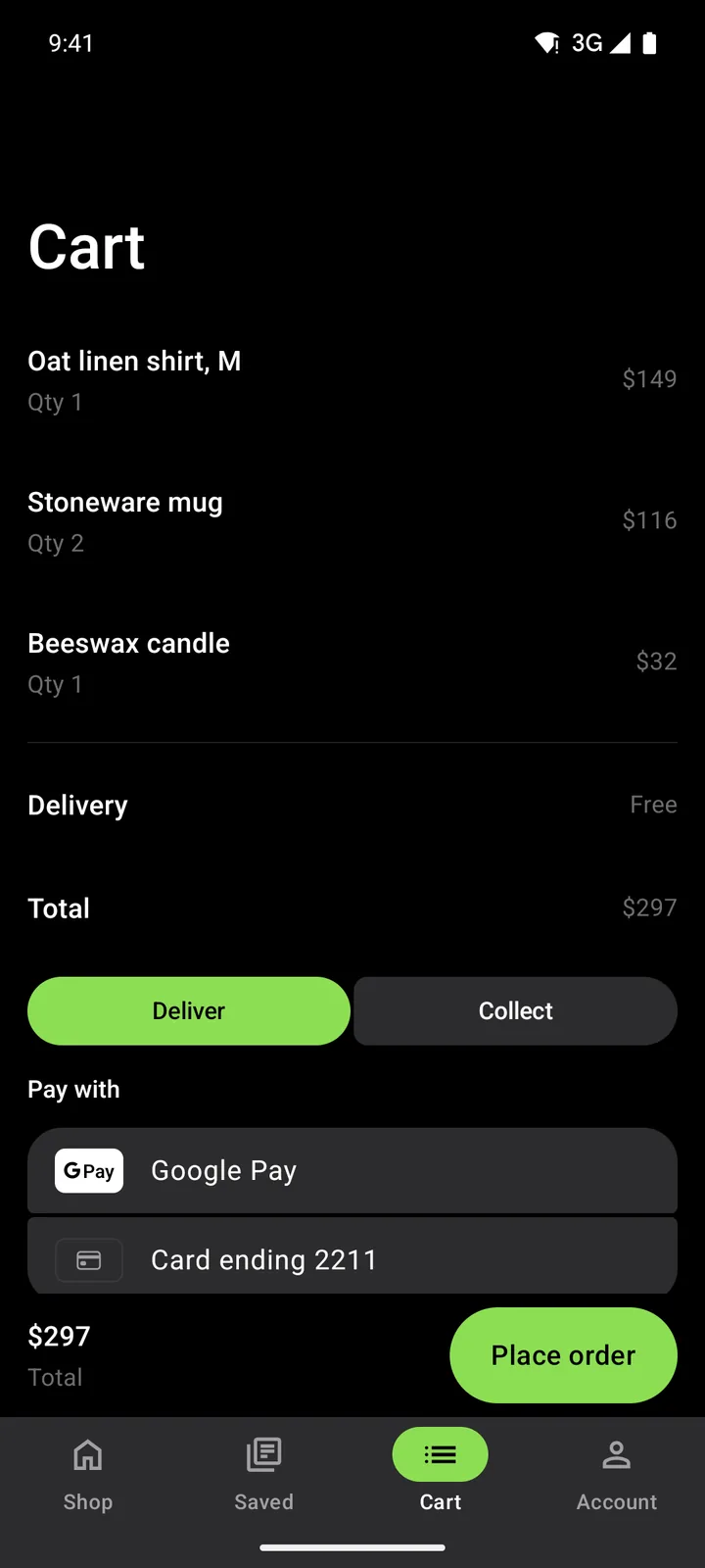 Linen & Loam: Cart on Android, dark