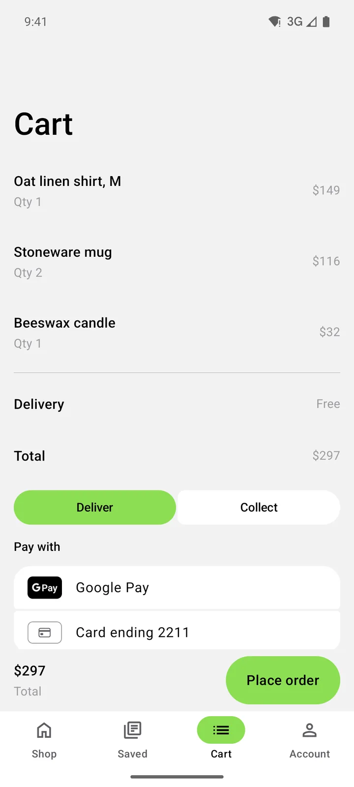 Linen & Loam: Cart on Android, light