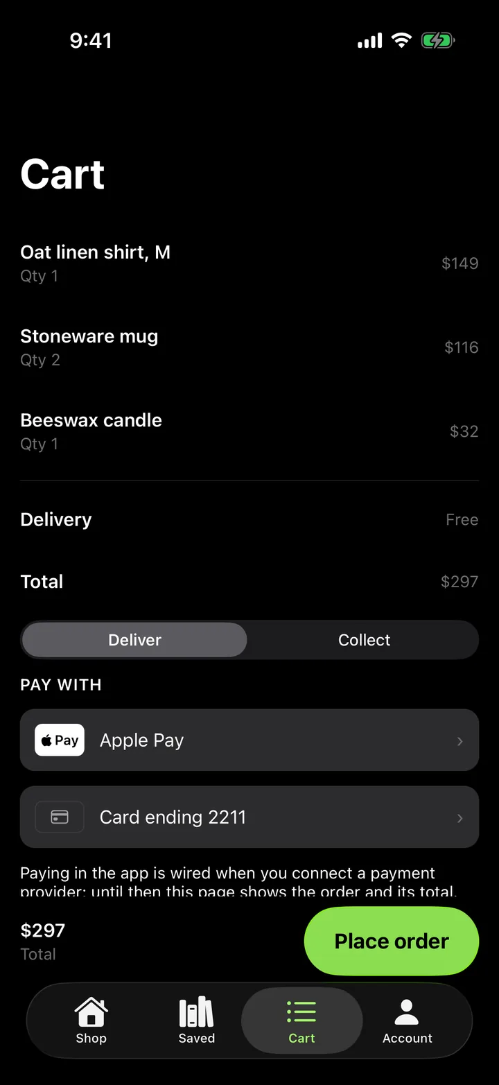 Linen & Loam: Cart on iOS, dark