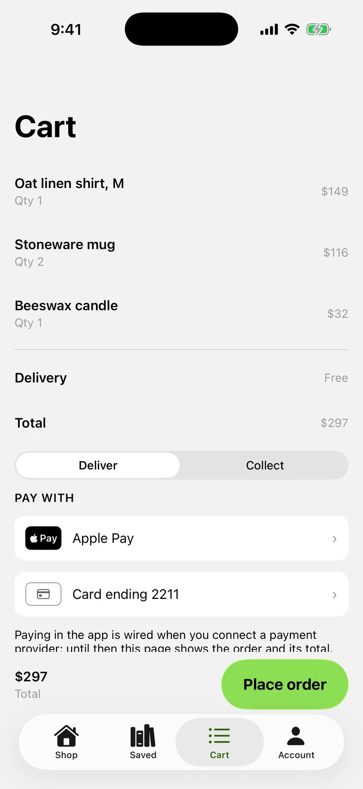 Linen & Loam: Cart on iOS, light