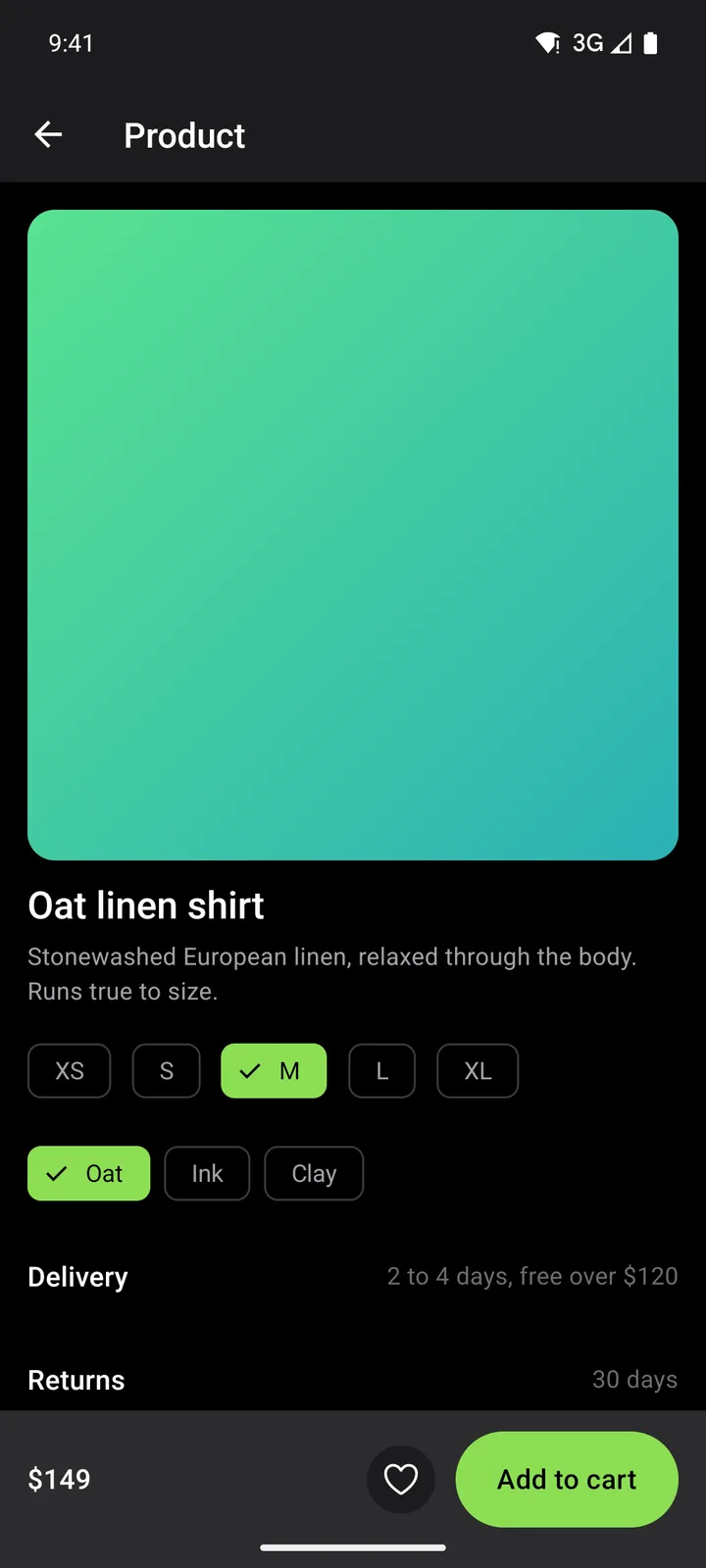 Linen & Loam: Product on Android, dark