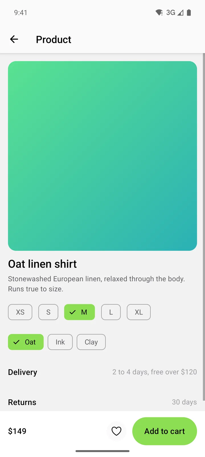 Linen & Loam: Product on Android, light