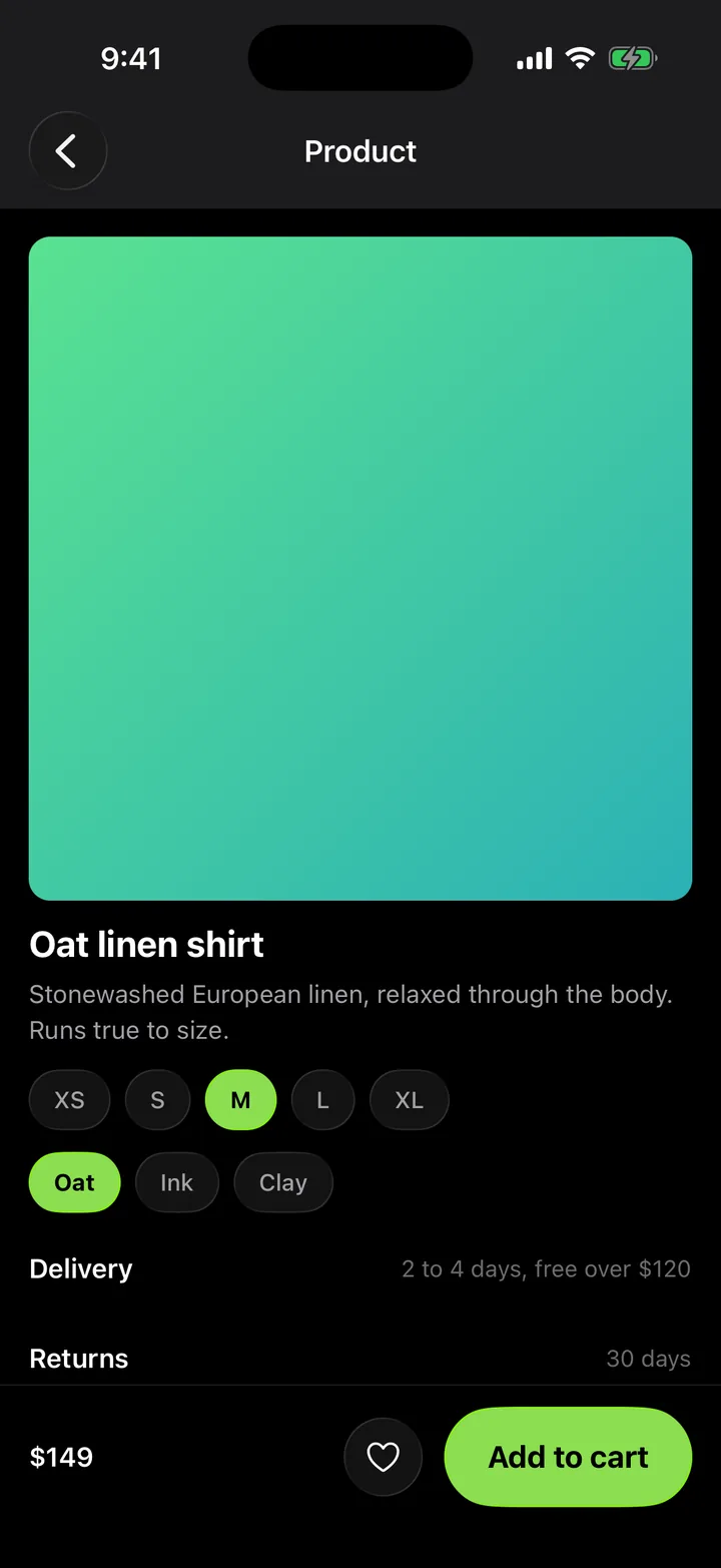 Linen & Loam: Product on iOS, dark