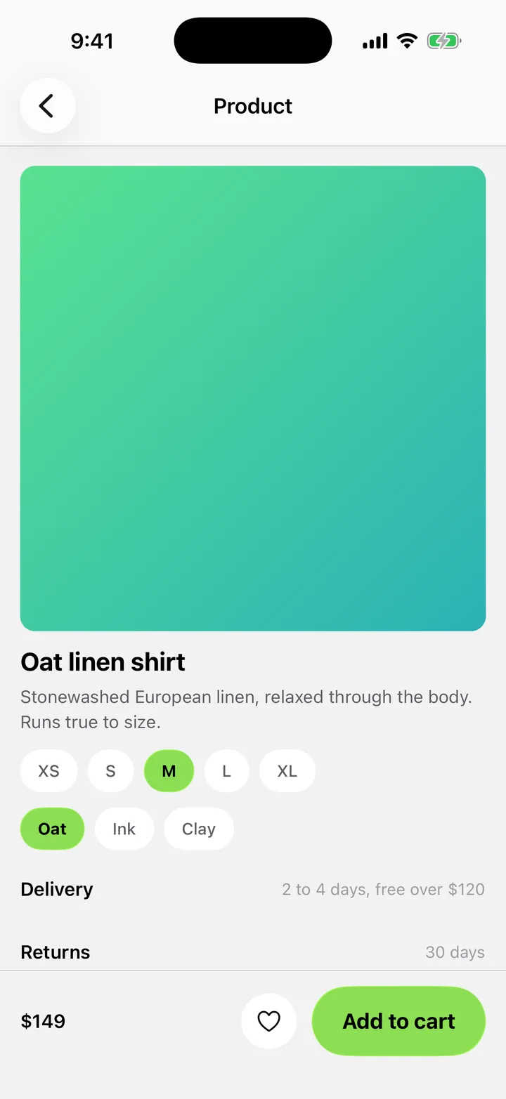 Linen & Loam: Product on iOS, light