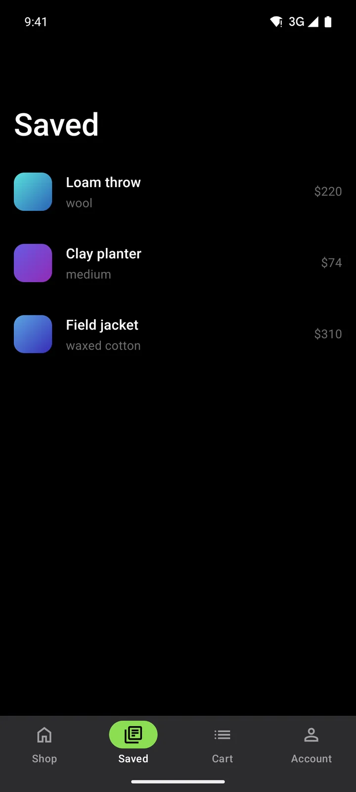 Linen & Loam: Saved on Android, dark