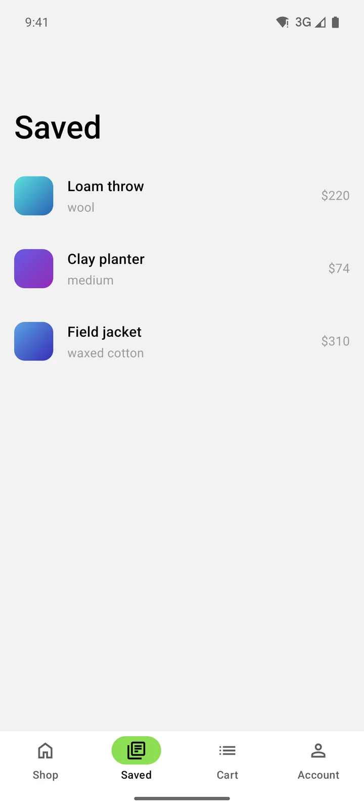 Linen & Loam: Saved on Android, light