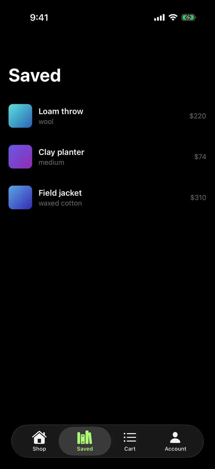 Linen & Loam: Saved on iOS, dark