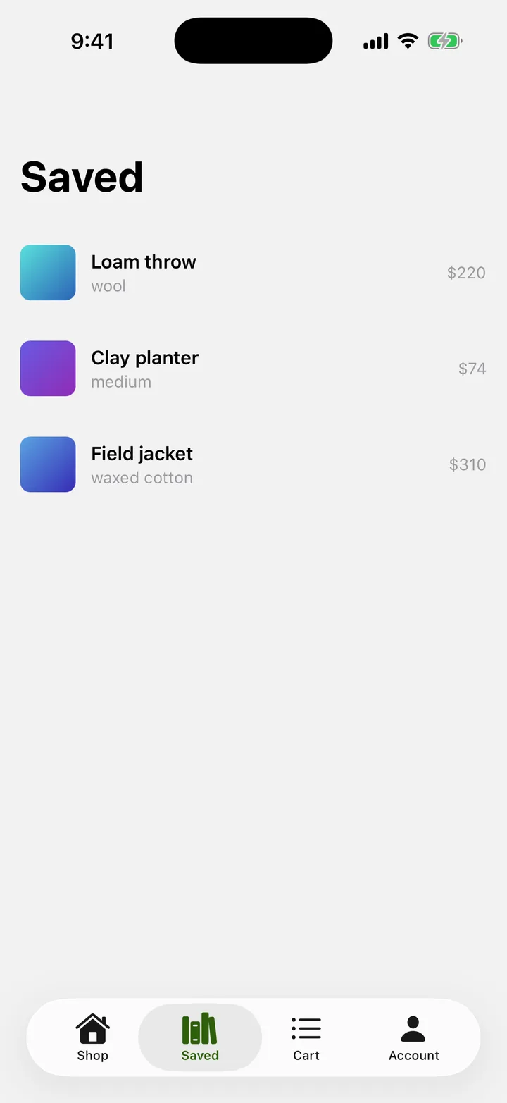 Linen & Loam: Saved on iOS, light