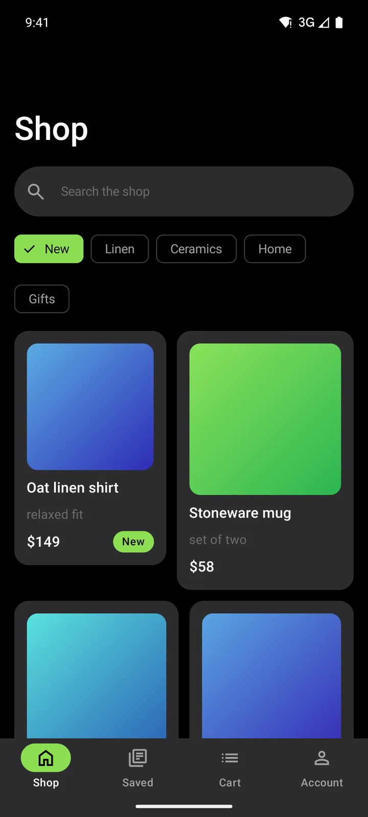 Linen & Loam: Shop on Android, dark
