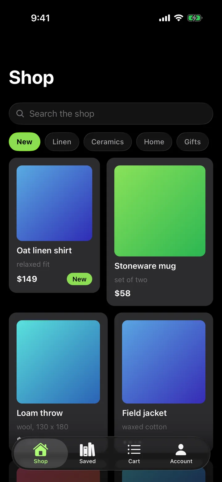 Linen & Loam: Shop on iOS, dark