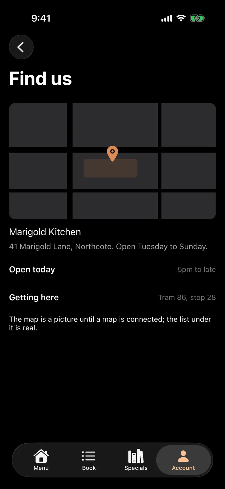 Marigold Kitchen: Find us on iOS, dark