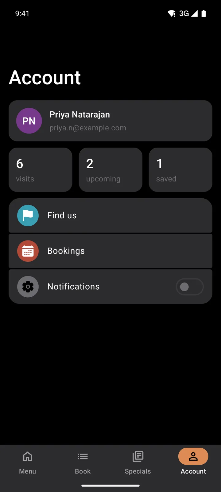 Marigold Kitchen: Account on Android, dark