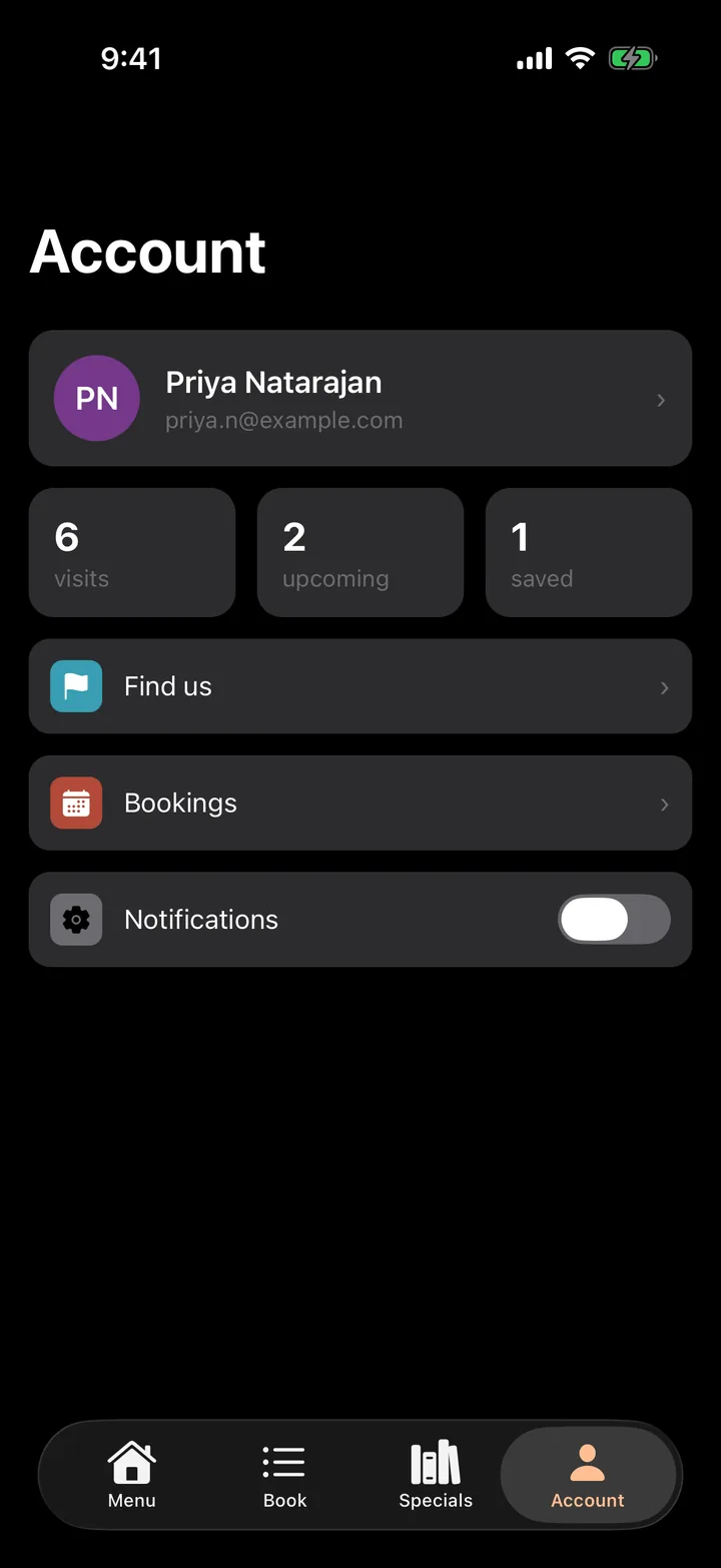 Marigold Kitchen: Account on iOS, dark