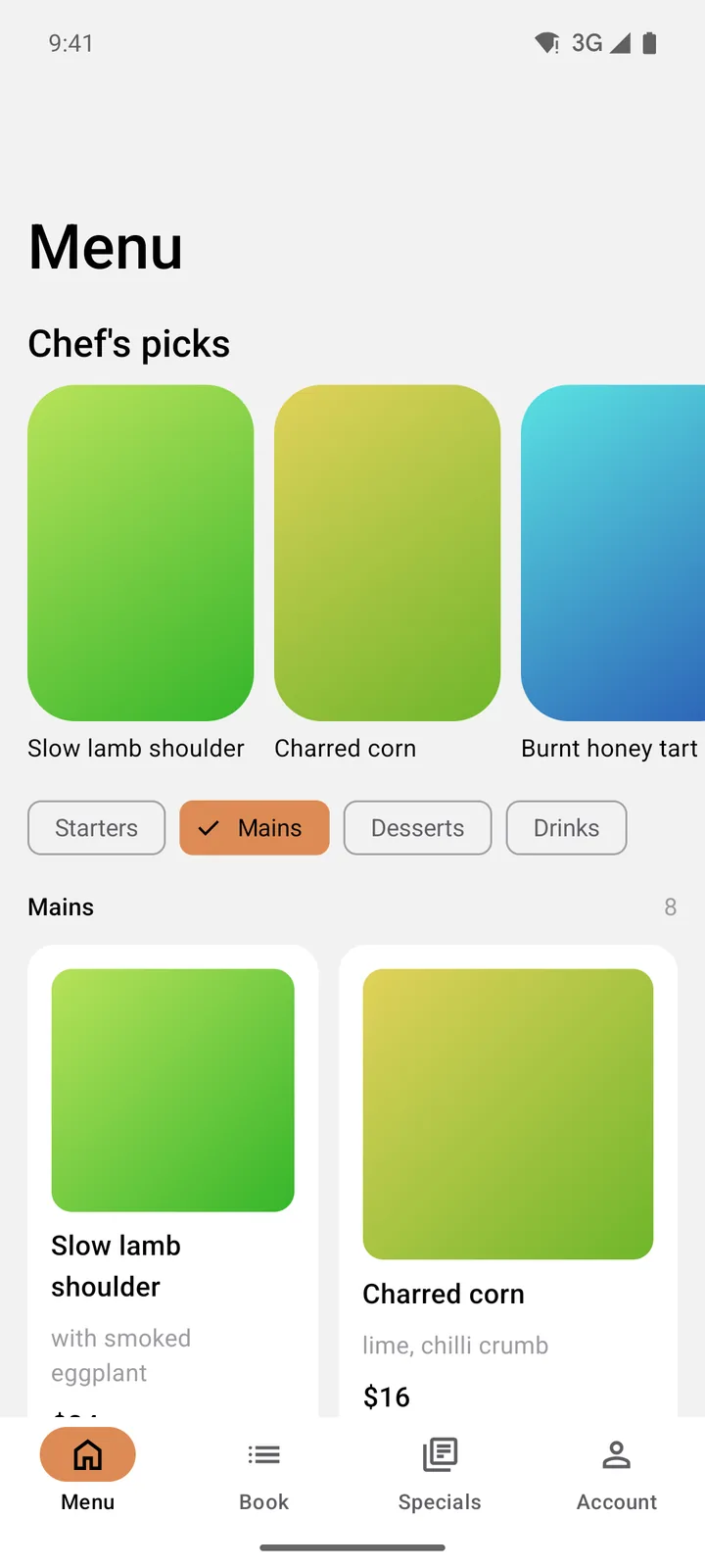 Marigold Kitchen: Menu on Android, light