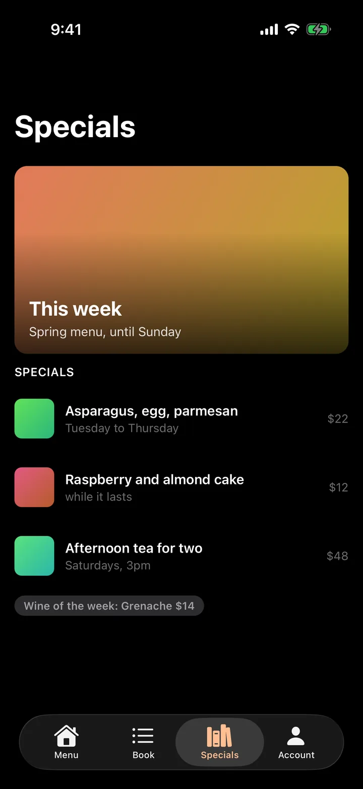 Marigold Kitchen: Specials on iOS, dark