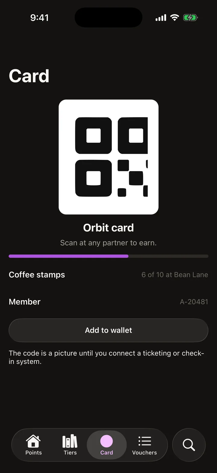 Orbit Rewards: Card on iOS, dark