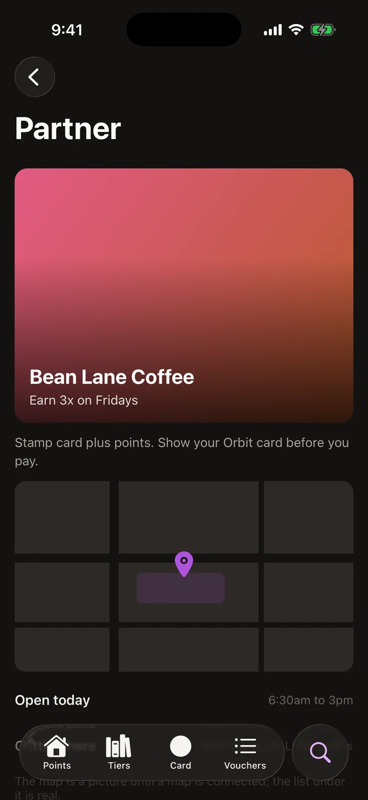 Orbit Rewards: Partner on iOS, dark