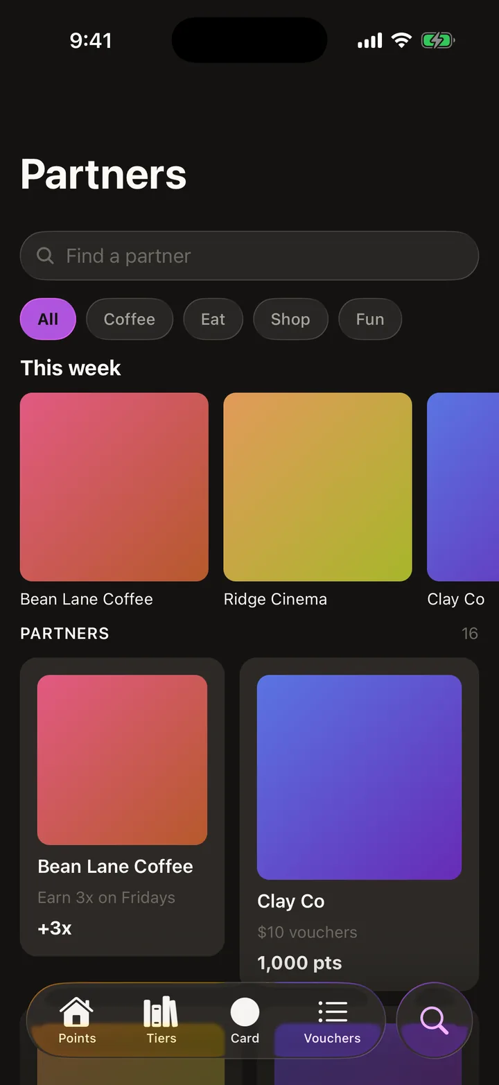 Orbit Rewards: Partners on iOS, dark