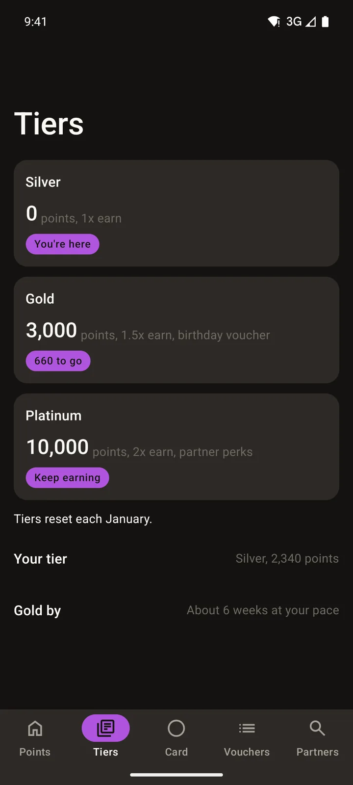 Orbit Rewards: Tiers on Android, dark