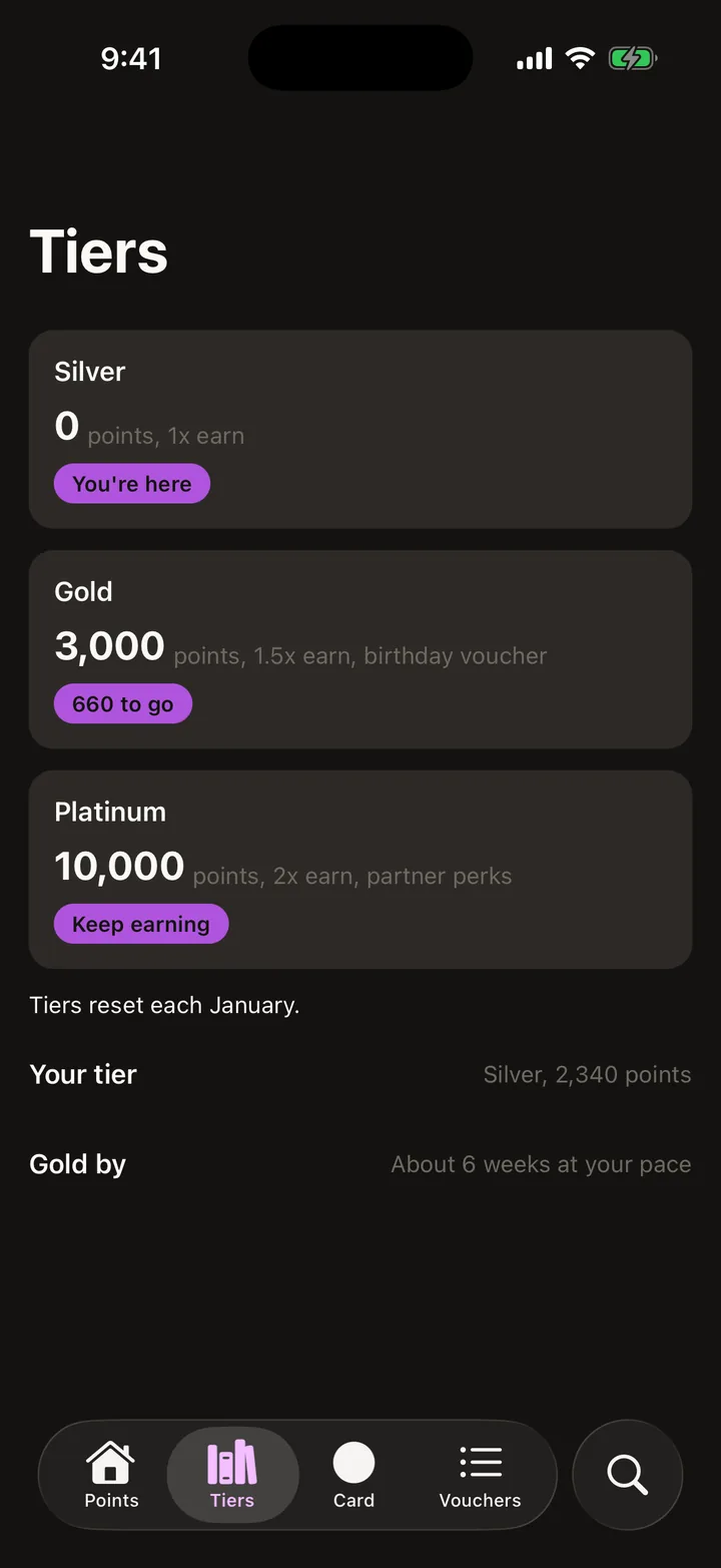 Orbit Rewards: Tiers on iOS, dark