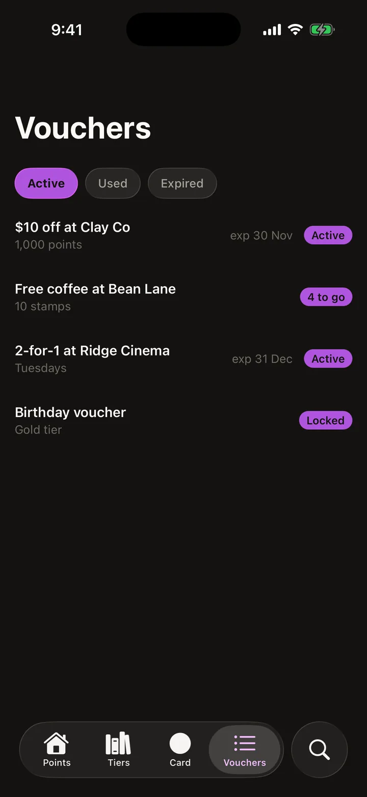 Orbit Rewards: Vouchers on iOS, dark