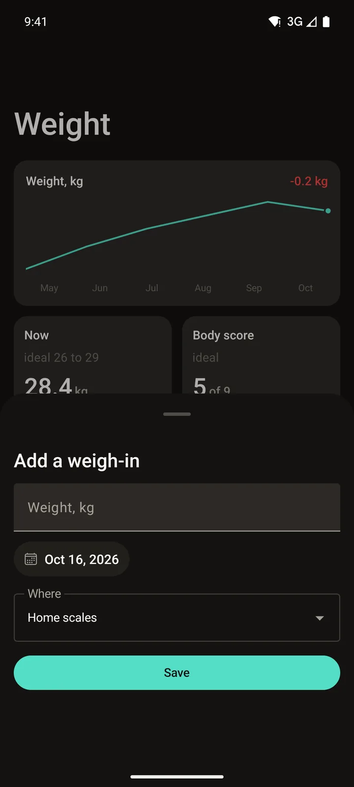 Pawprint Health: Add weight on Android, dark