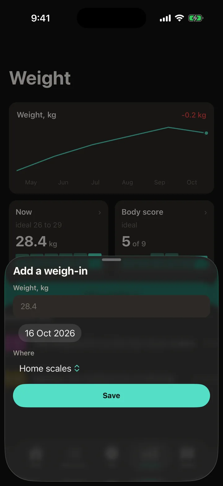 Pawprint Health: Add weight on iOS, dark