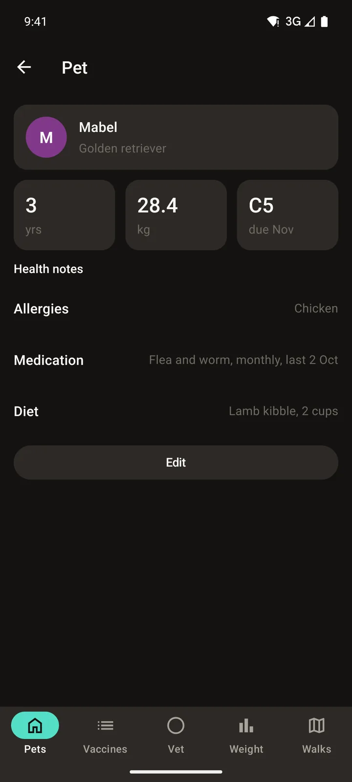 Pawprint Health: Pet on Android, dark