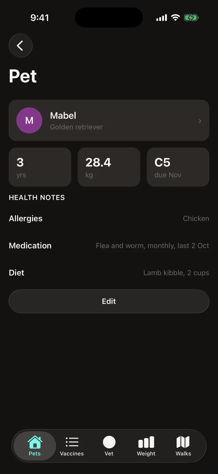 Pawprint Health: Pet on iOS, dark