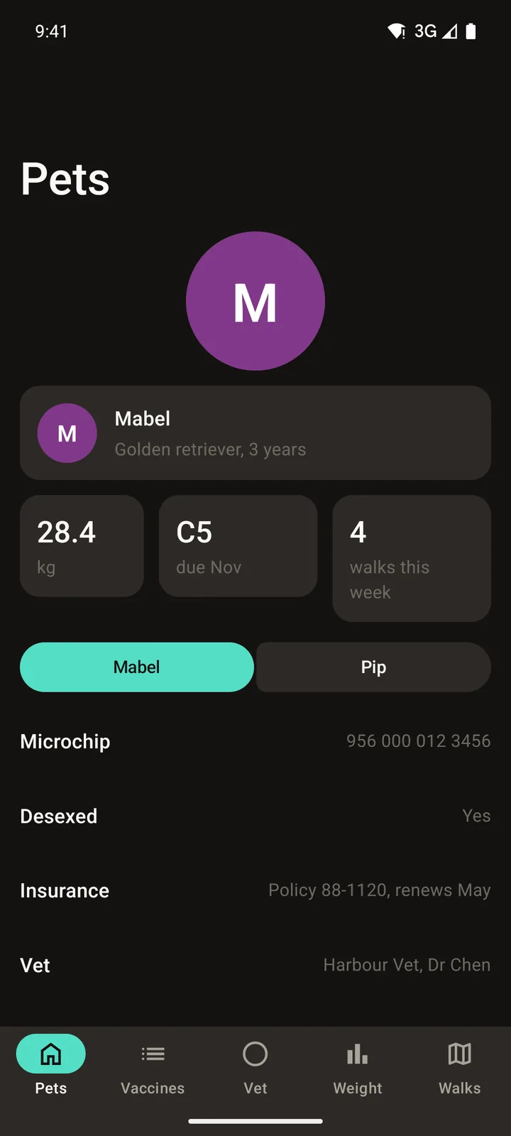 Pawprint Health: Pets on Android, dark