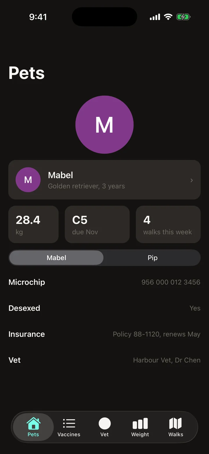 Pawprint Health: Pets on iOS, dark