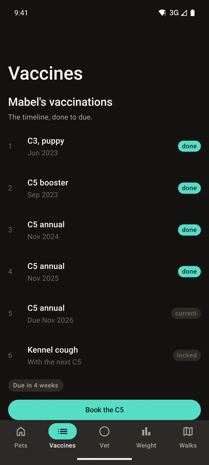 Pawprint Health: Vaccines on Android, dark