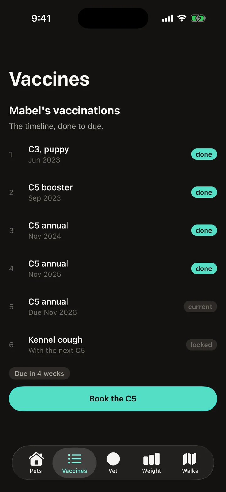 Pawprint Health: Vaccines on iOS, dark