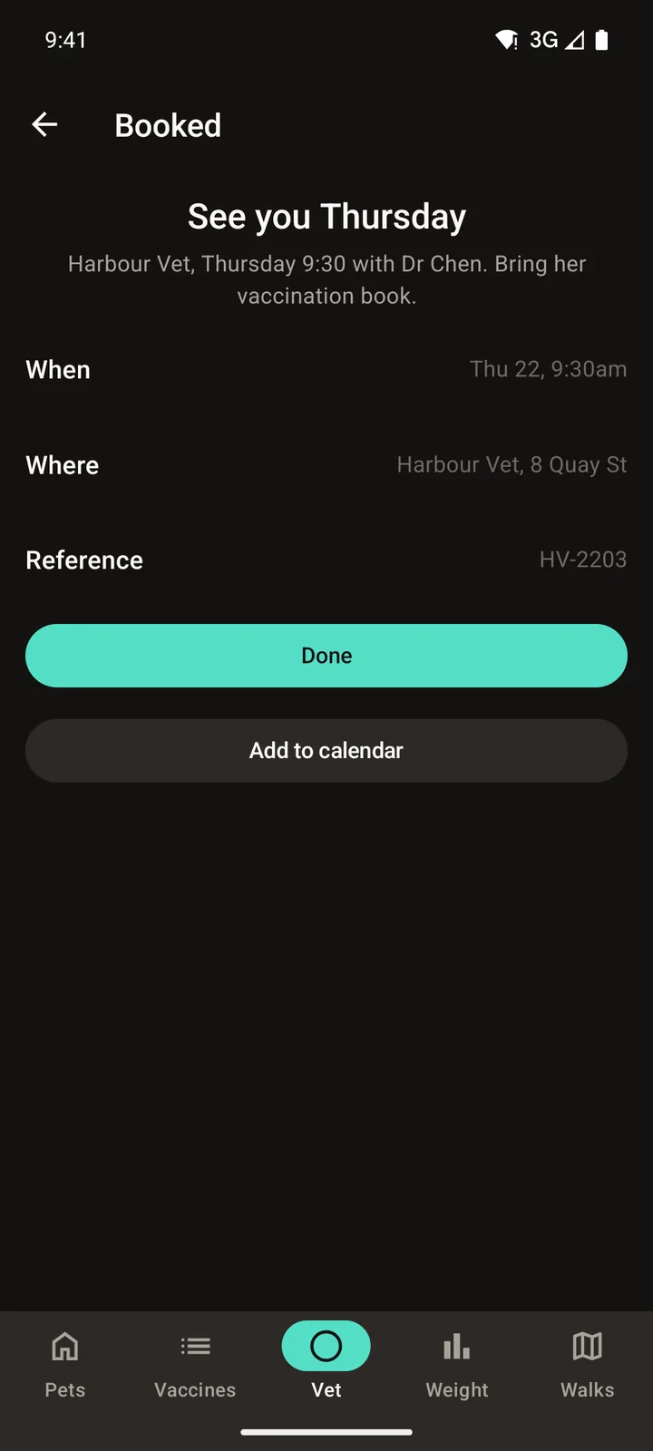 Pawprint Health: Booked on Android, dark
