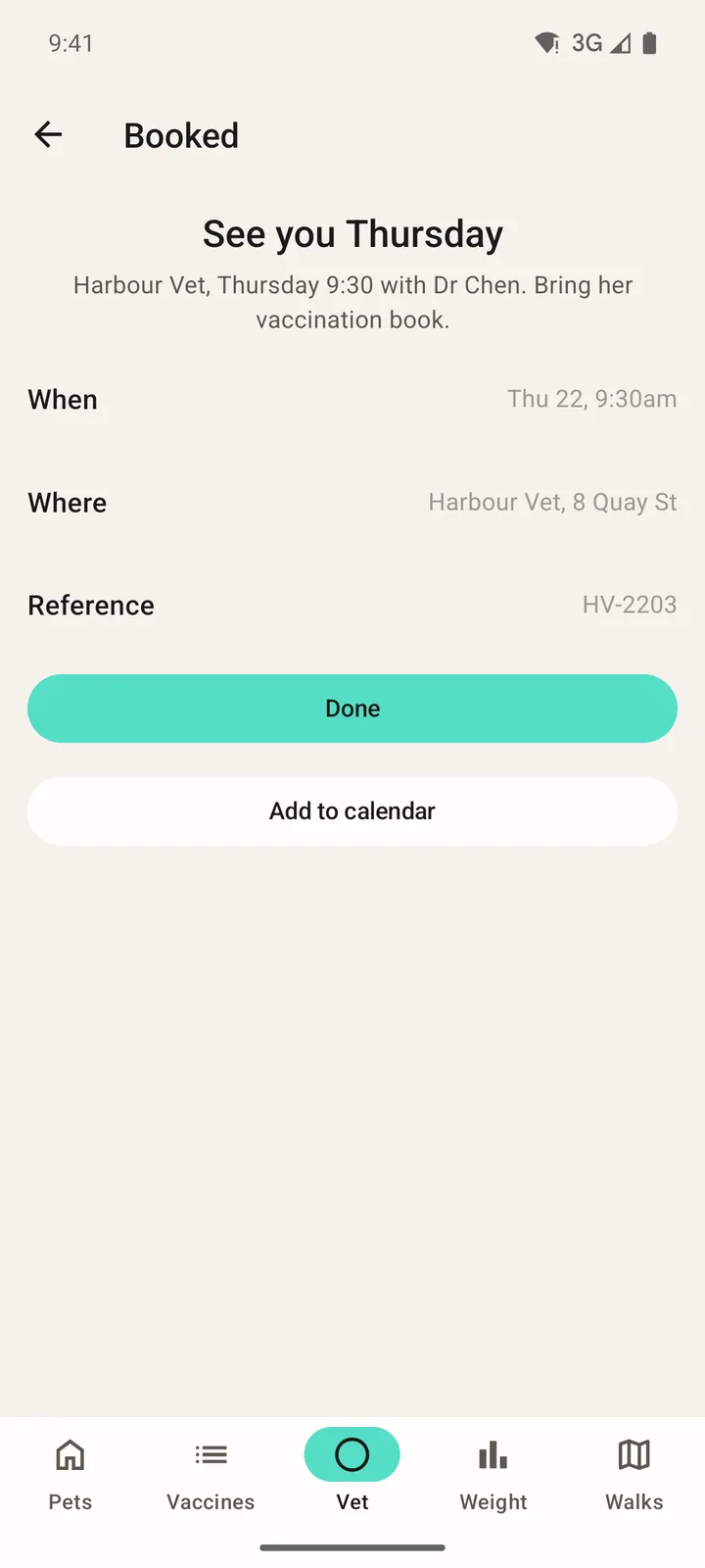 Pawprint Health: Booked on Android, light