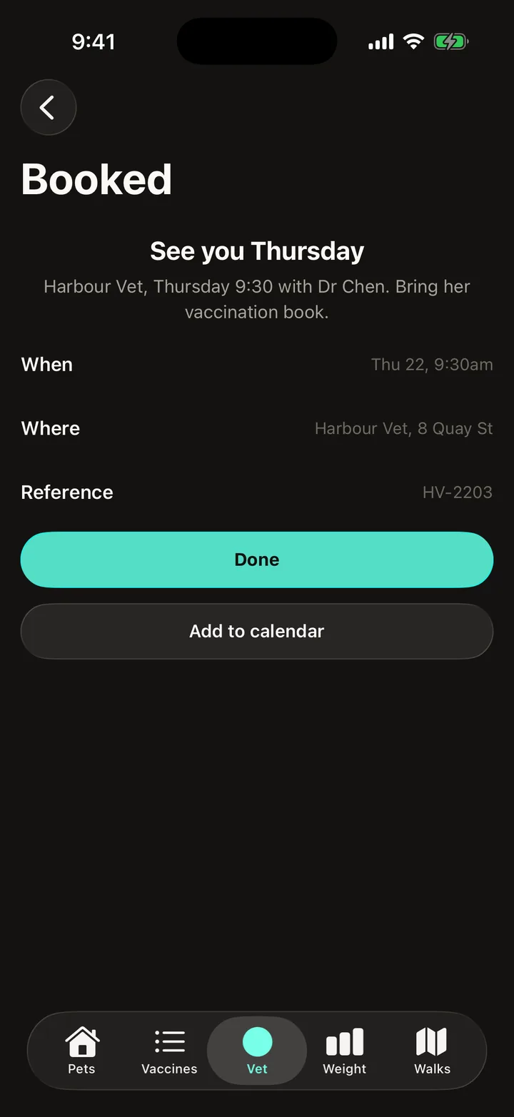 Pawprint Health: Booked on iOS, dark