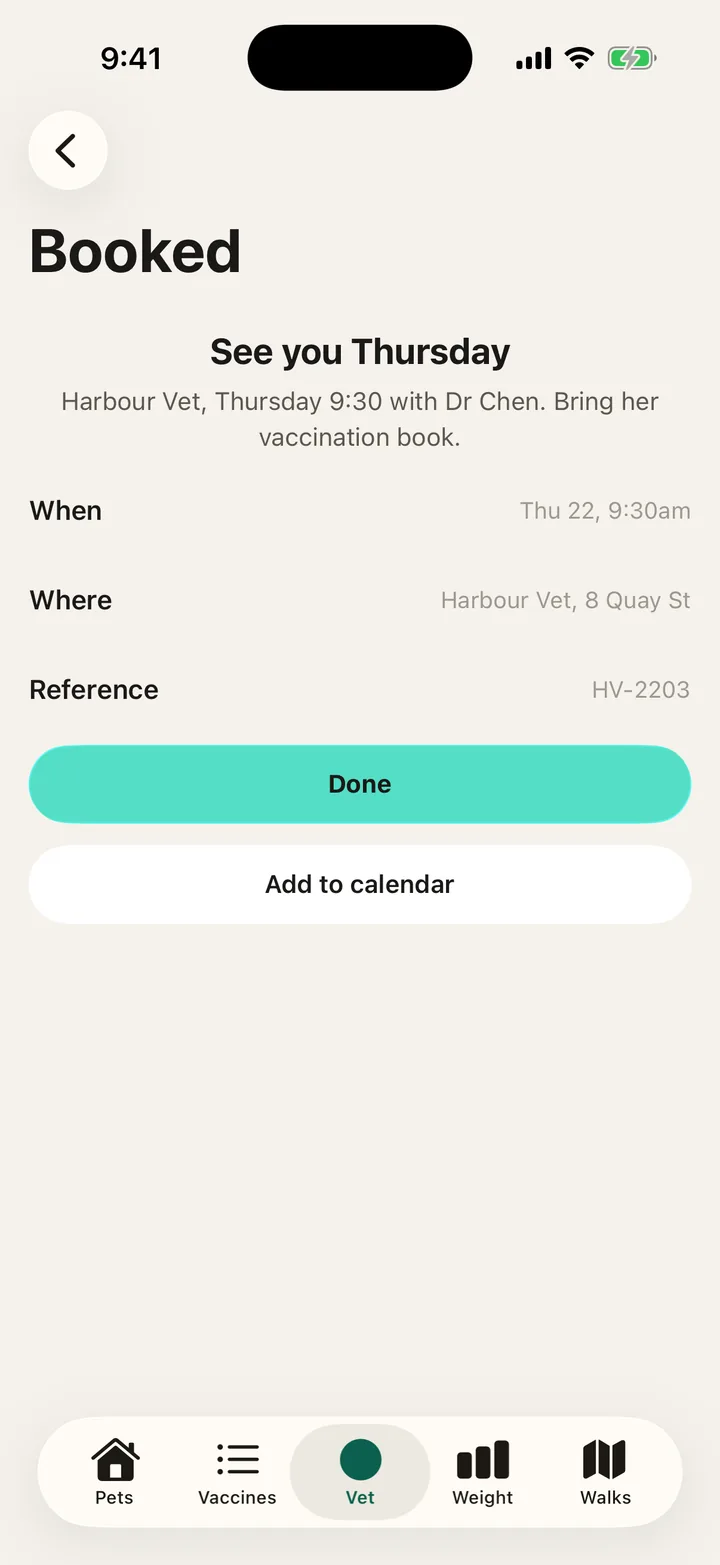 Pawprint Health: Booked on iOS, light