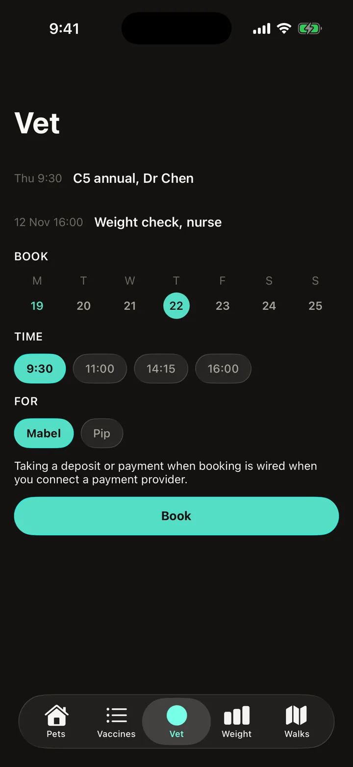 Pawprint Health: Vet on iOS, dark