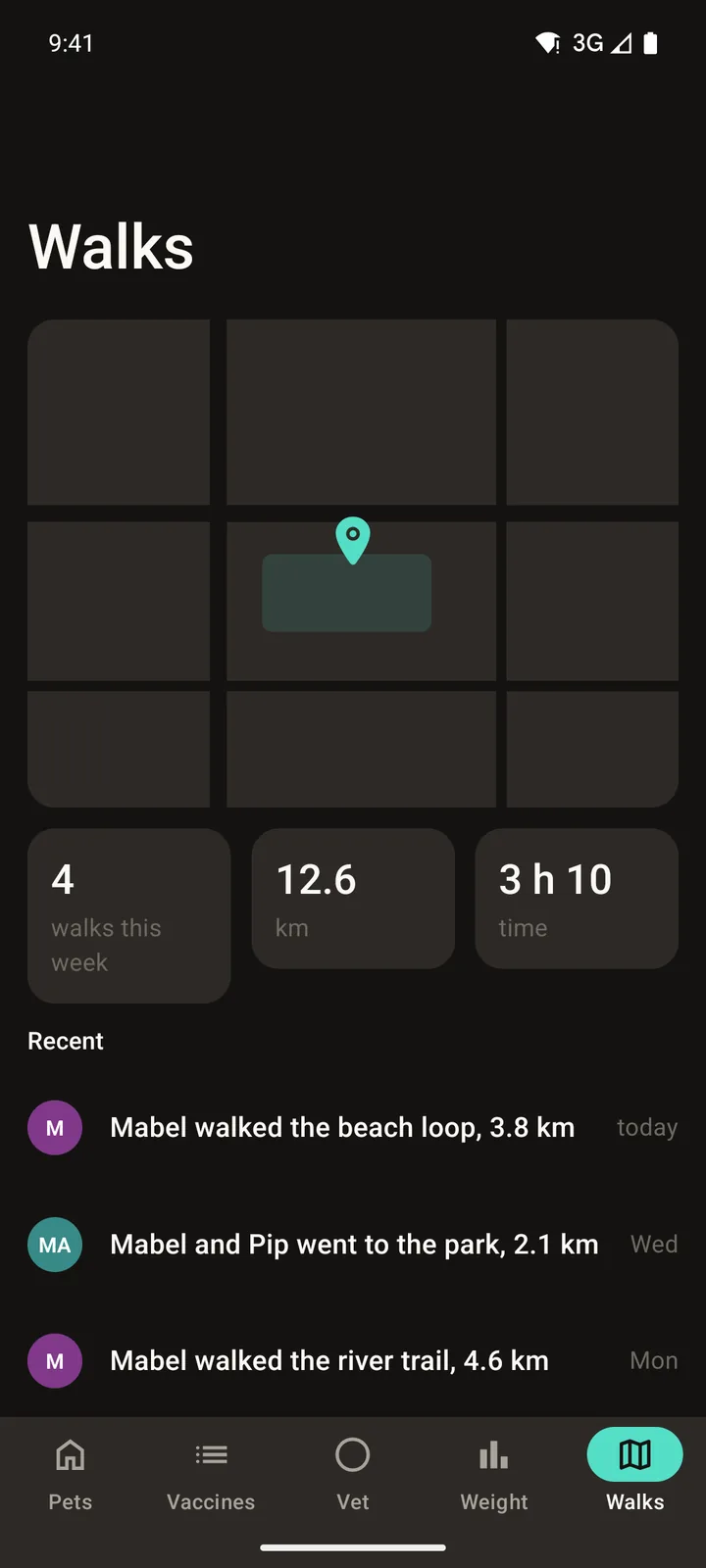 Pawprint Health: Walks on Android, dark