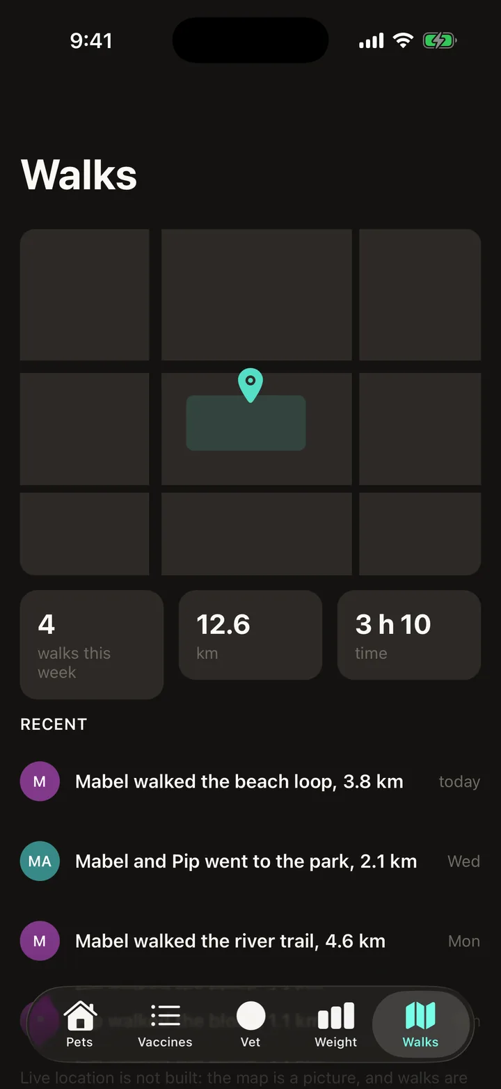 Pawprint Health: Walks on iOS, dark