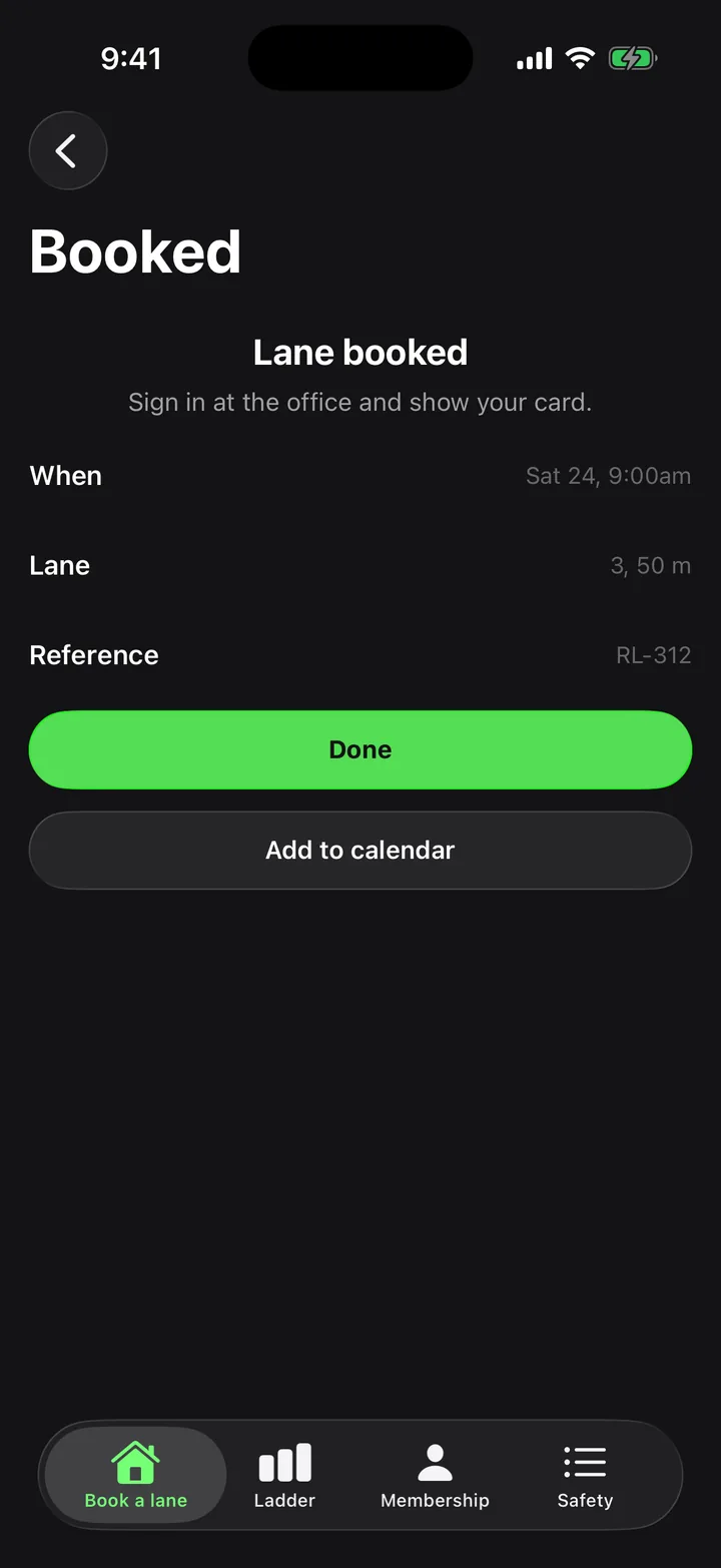 Ridgeline Sporting Club: Booked on iOS, dark