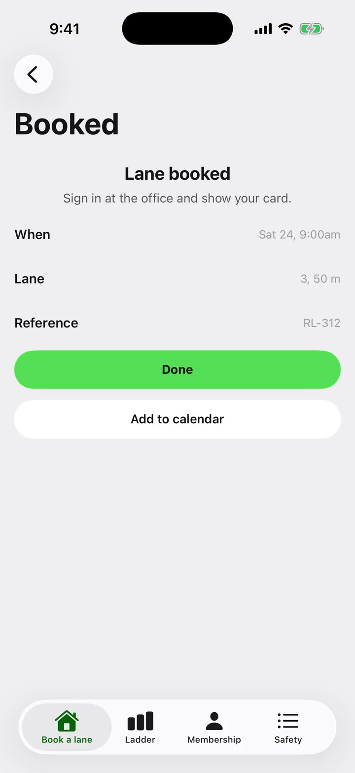 Ridgeline Sporting Club: Booked on iOS, light