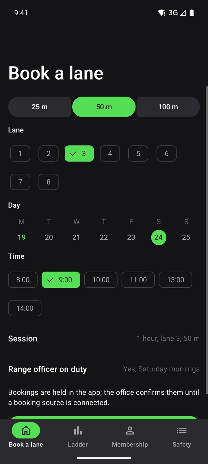 Ridgeline Sporting Club: Book a lane on Android, dark