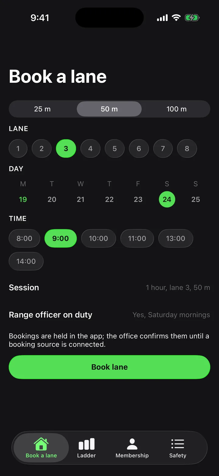 Ridgeline Sporting Club: Book a lane on iOS, dark
